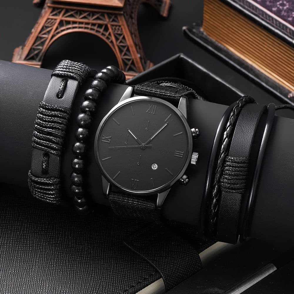 image-Men's Suit Gift Watch Set 4pcs Quartz Calendar Bracelet Watch