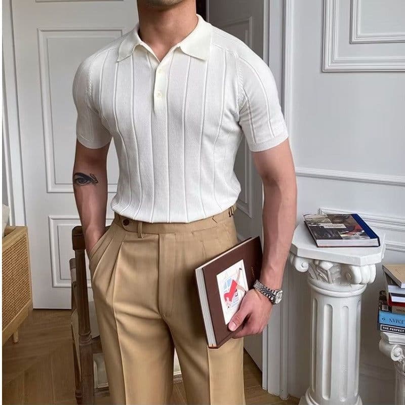 image-Polo Shirt Men's Five-Quarter Sleeves White Striped