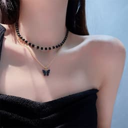 image-Emily Black Pearl Butterfly Necklace - Retro