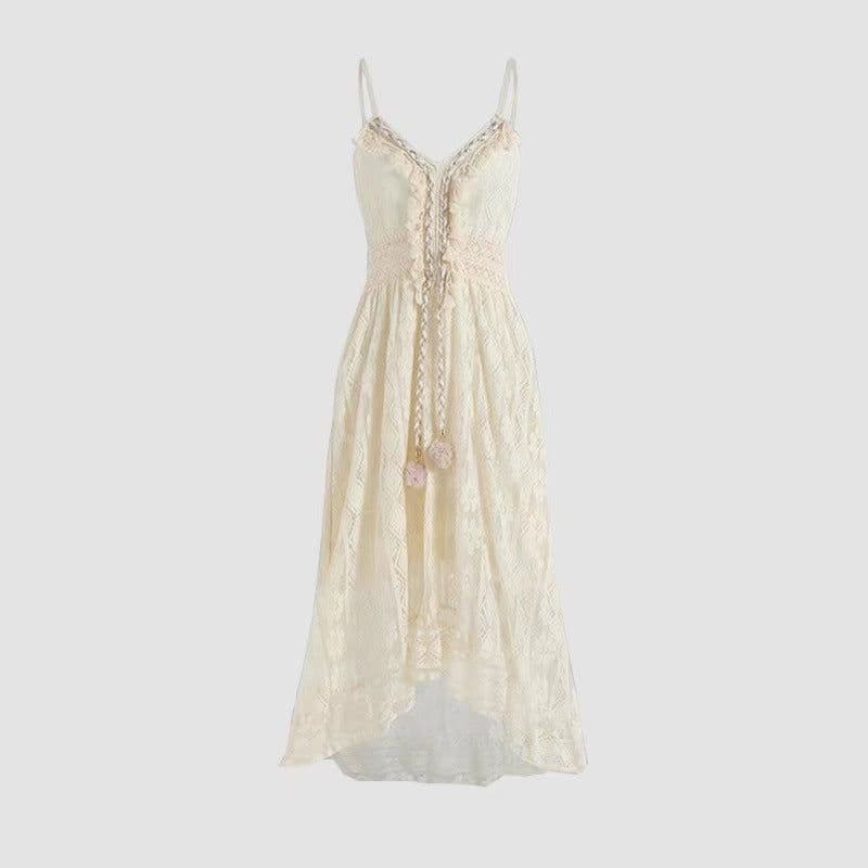 image-Lace Suspender Midi Dress - Apricot V Neck XXL