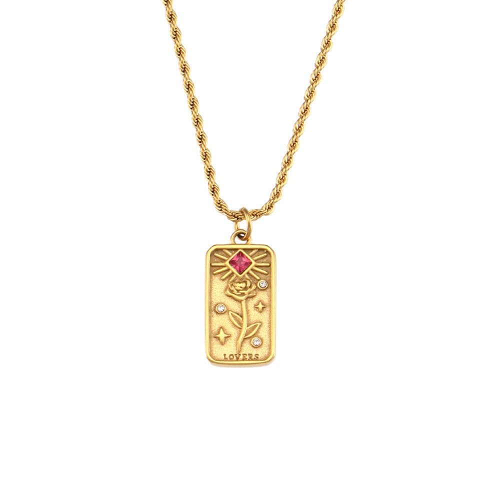 image-European and American ins fashion retro popular hot selling pendant jewelry stainless steel rectangular zircon tarot necklace
