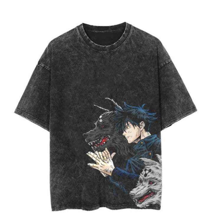 image-Washed Black Cartoon T-shirt, XXXL, Breathable Cotton