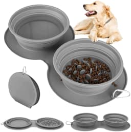 image-Silicone Foldable Pet Bowl - Grey Double Food