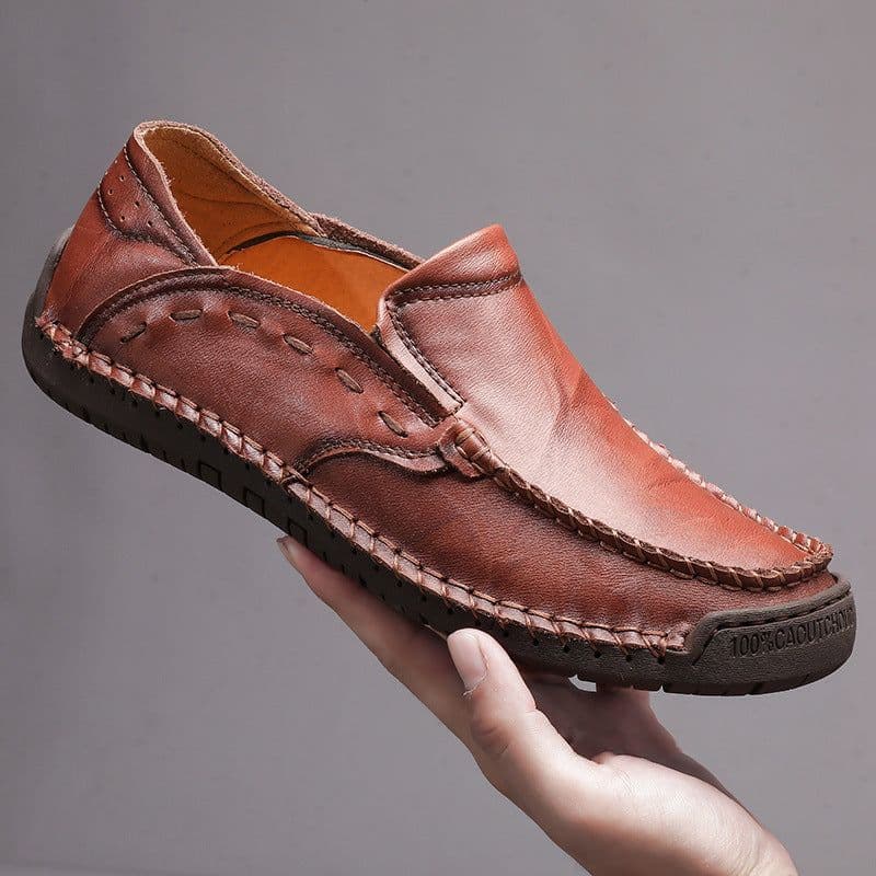 image-Men's Leather Casual Shoes - Hand-Stitched Brown Size 48