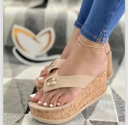 image-Women's Beige Flip Flops - Large Size Sandals - Casual Thick Sole