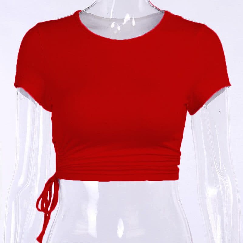 image-2022 Summer European and American New Sexy Navel T-Shirt Women's Side Tether Hollow Slim Slim Solid Color Cotton Short Sleeves