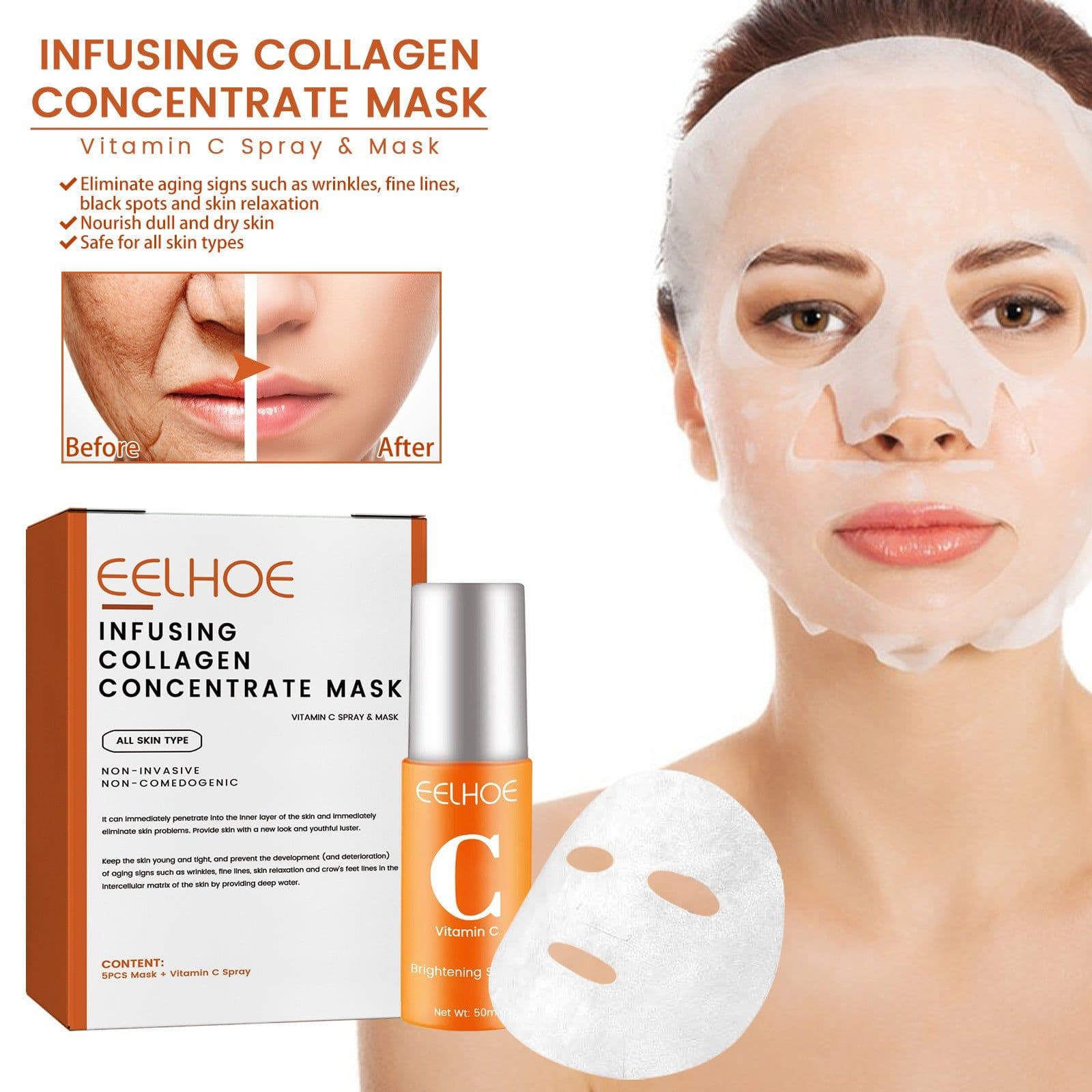 image-EELHOE Collagen Anti-aging Mask Spray, 5pcs + 50ml, Universal Skin