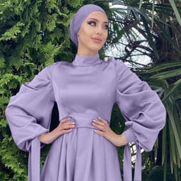 image-Women's Satin Abaya Dress - Long Sleeve Lace-Up