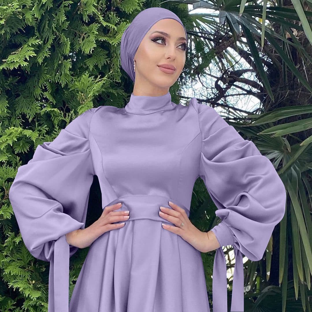 image-Women's Satin Abaya Dress - Long Sleeve Lace-Up
