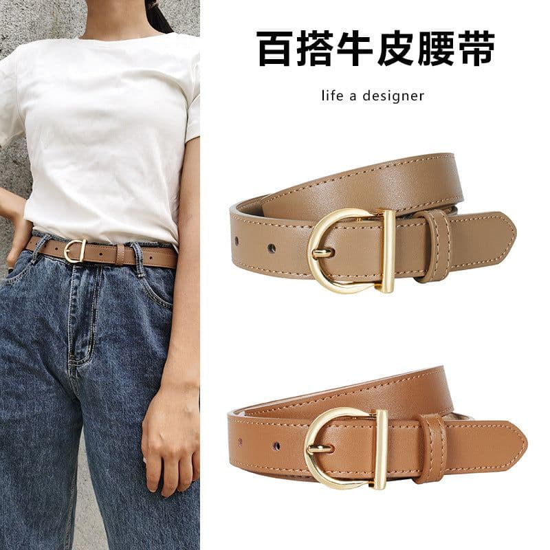 image-Women's Genuine Leather Belt - D Buckle Cowhide Jeans Belt