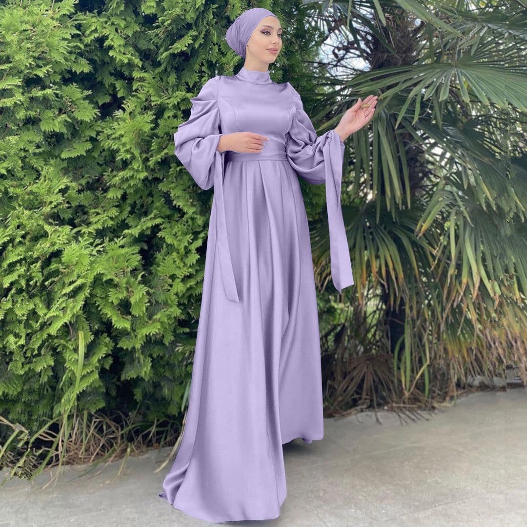 image-Women's Satin Abaya Dress - Long Sleeve Lace-Up