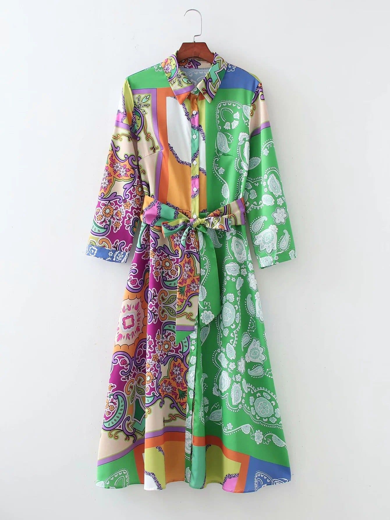 image-Digital Satin Floral Long Skirt - High Waist L