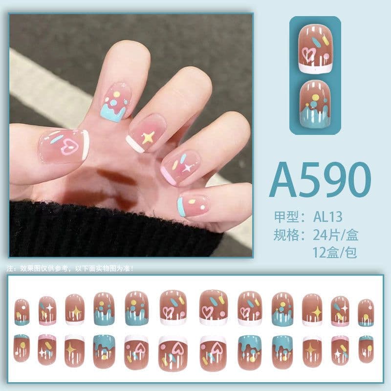 image-Winter fresh and simple pure lust style bride dance wear nails rainbow love rose fake nails wholesale