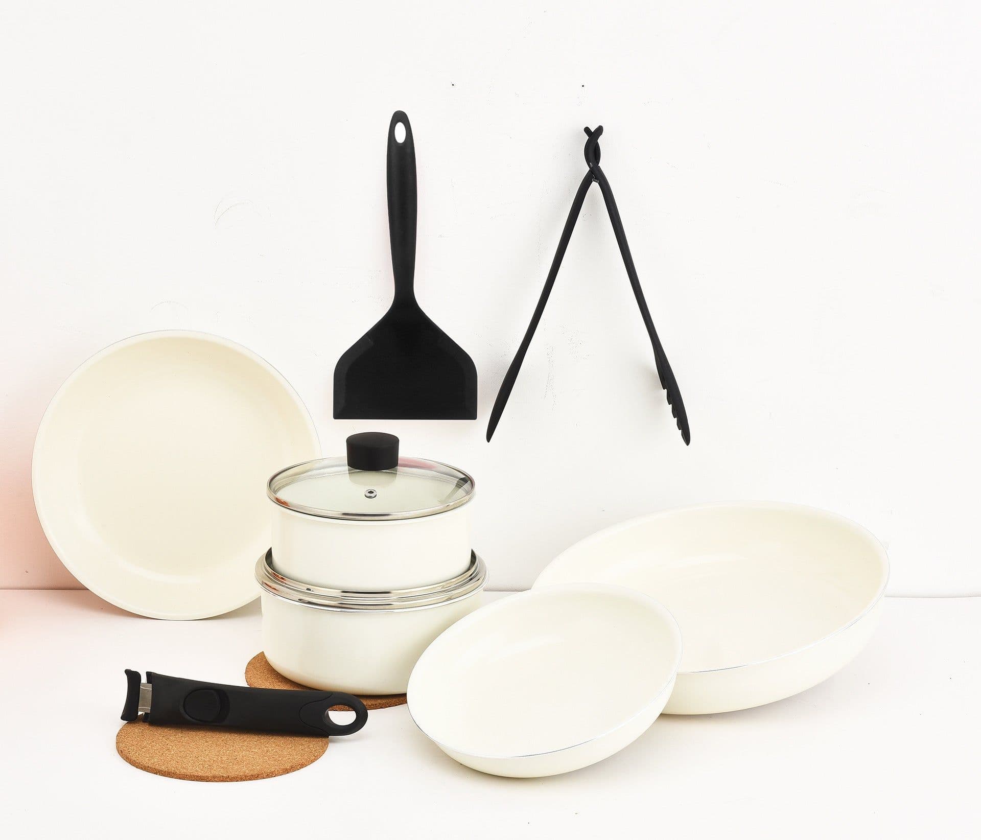 image-uJoy 13-Piece Non-Stick Pan Set, Ivory White, Aluminum, 30cm Wok