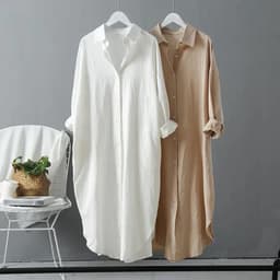 image-Cotton Linen Shirt Women White Cardigan POLO