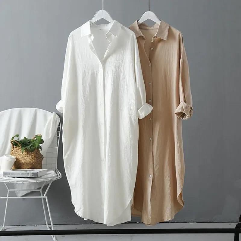 image-Cotton Linen Shirt Women White Cardigan POLO