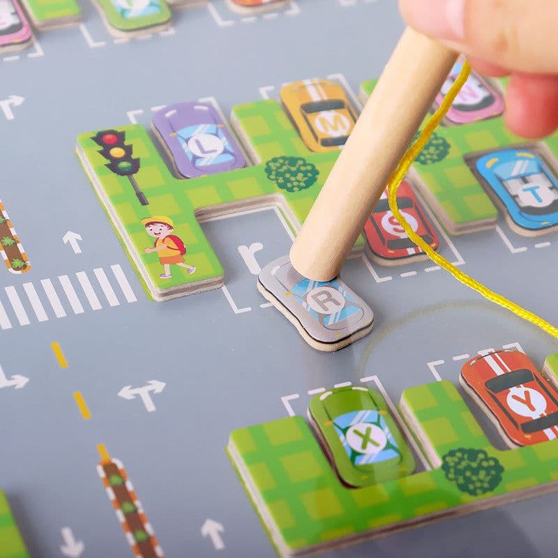 image-Magnetic Letter Matching Parking Maze Game - Wood