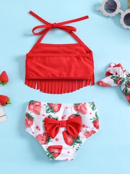 image-Strawberry Print Girl Swimsuit Red Tassel 3-Piece