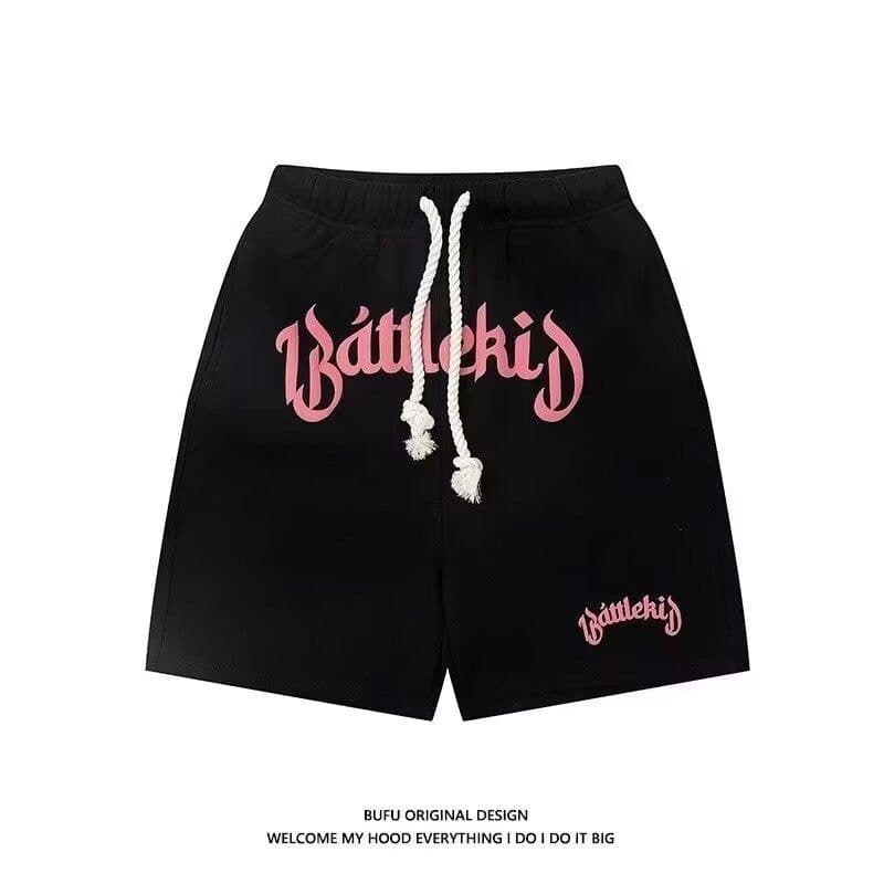 image-Men's Lace-Up Shorts - Black Polyester Loose Fit