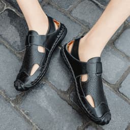 image-Men's Leather Cork Sandals - Black Non-Slip