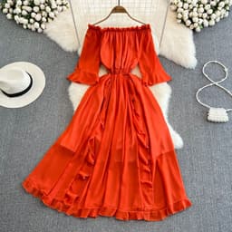 image-Seaside Skirt - Navy Ruffled Chiffon Dress, Commuting, One Shoulder, Midi
