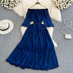image-Seaside vacation beach skirt super fairy forest one-shoulder off-shoulder ruffled chiffon dress commuting big five points