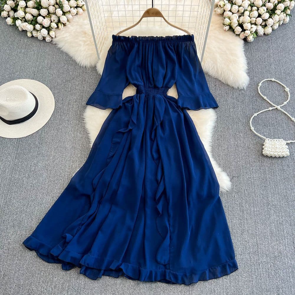 image-Seaside Skirt - Navy Ruffled Chiffon Dress, Commuting, One Shoulder, Midi