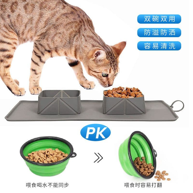 image-Pet Bowl Silicone Folding Dog Double Bowl Grey Non-Slip Portable Outdoor