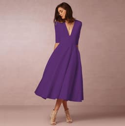 image-Women's Midi Dress - Rose Red V-Neck Swing Dress