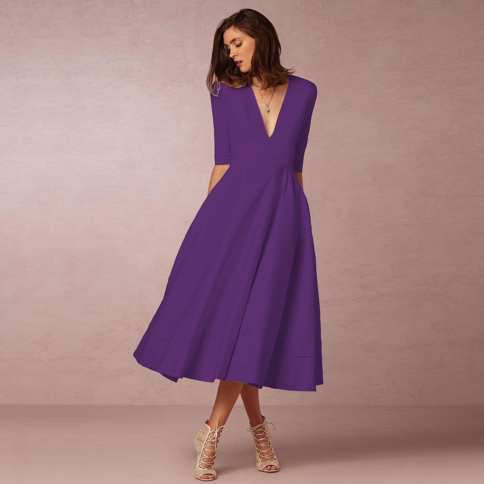 image-Women's Midi Dress - Rose Red V-Neck Swing Dress