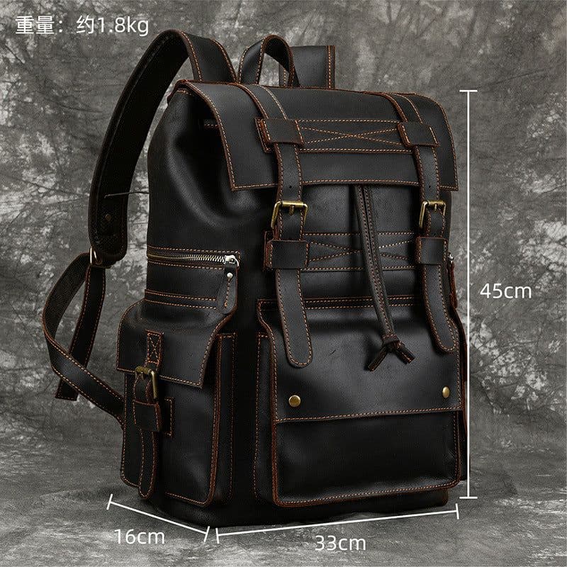image-European and American Men's Retro Backpack Crazy Horse Leather Student School Bag Large Capacity Leather Travel Bag 16 Inch Computer Bag