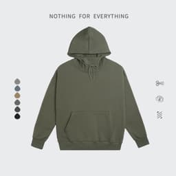 image-Khaki Velvet Hooded Sweater For Men Loose Fit Stand Collar Patch Pocket XL