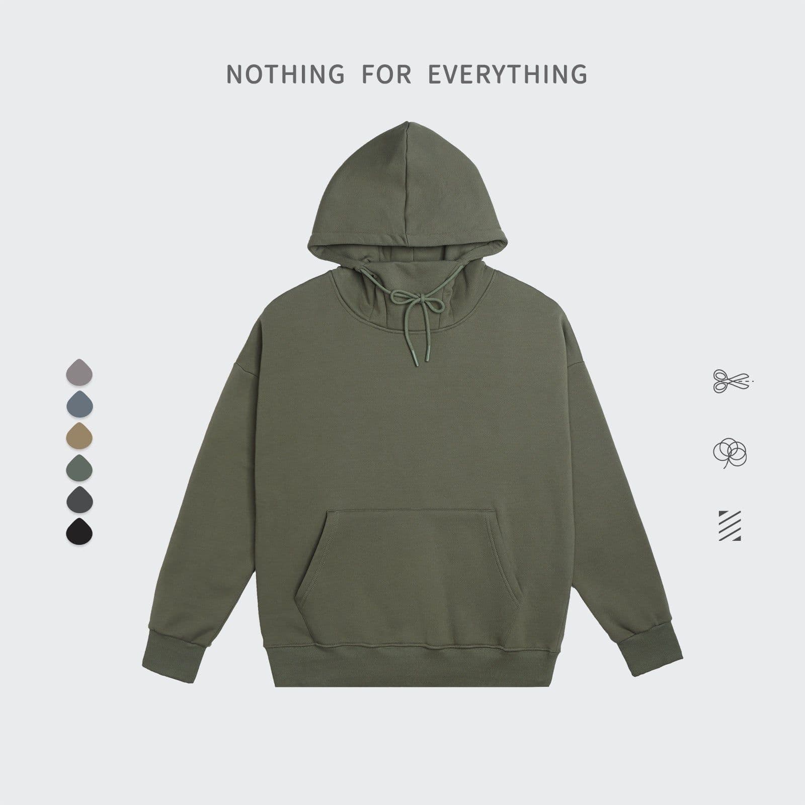 image-Khaki Velvet Hooded Sweater For Men Loose Fit Stand Collar Patch Pocket XL