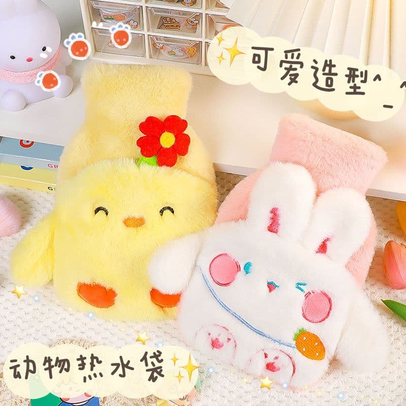 image-Water-filled Hot Water Bottle - Gray Plush 1000ML Thickened Hand Warmer Bag
