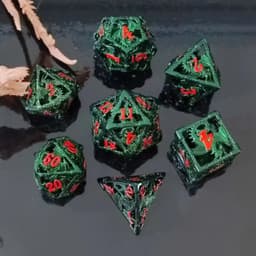image-Metal D20 Dice - Hollow Dragon Design Green w/ Red Numbers