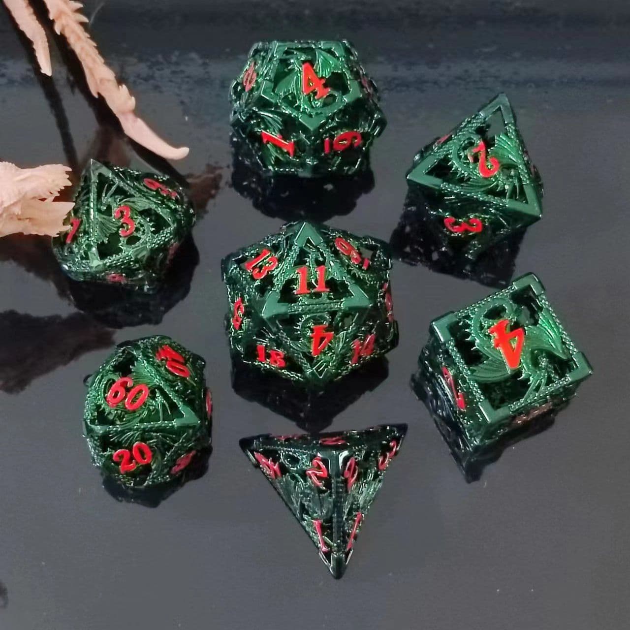 image-Metal D20 Dice - Hollow Dragon Design Green w/ Red Numbers