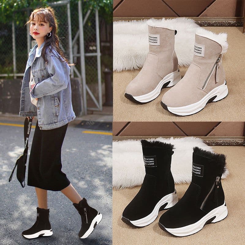 image-Meixinwang Snow Boots Women Black Round Toe Zipper