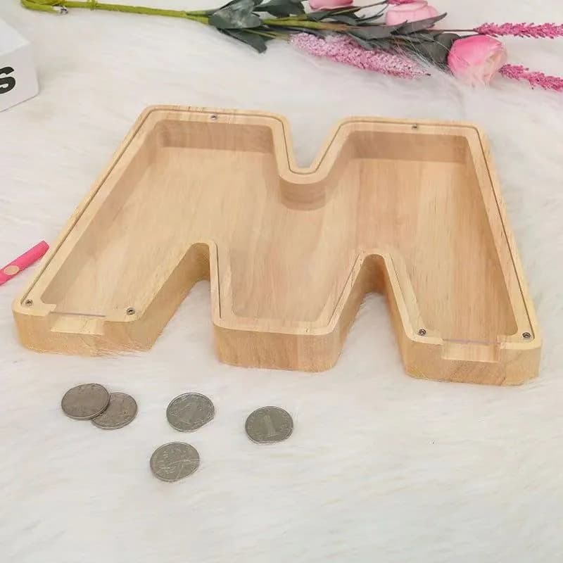 image-Wooden Alphabet Piggy Bank 26 Letters Toy Transparent Acrylic Ornament