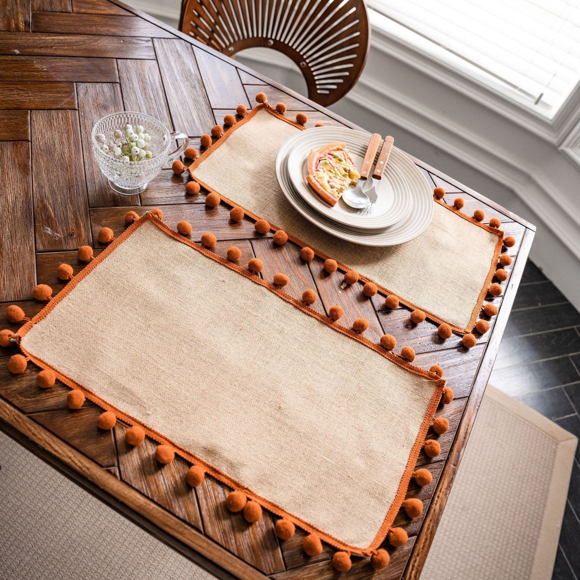 image-Yimanqiyun hemp rope placemat red tassel tableware mat woven color matching festival tassel bowl mat factory direct supply