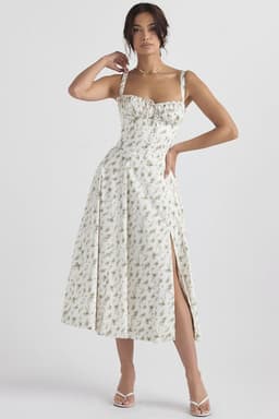 image-Women's Floral Sleeveless Midi Dress - Green Lace-Up