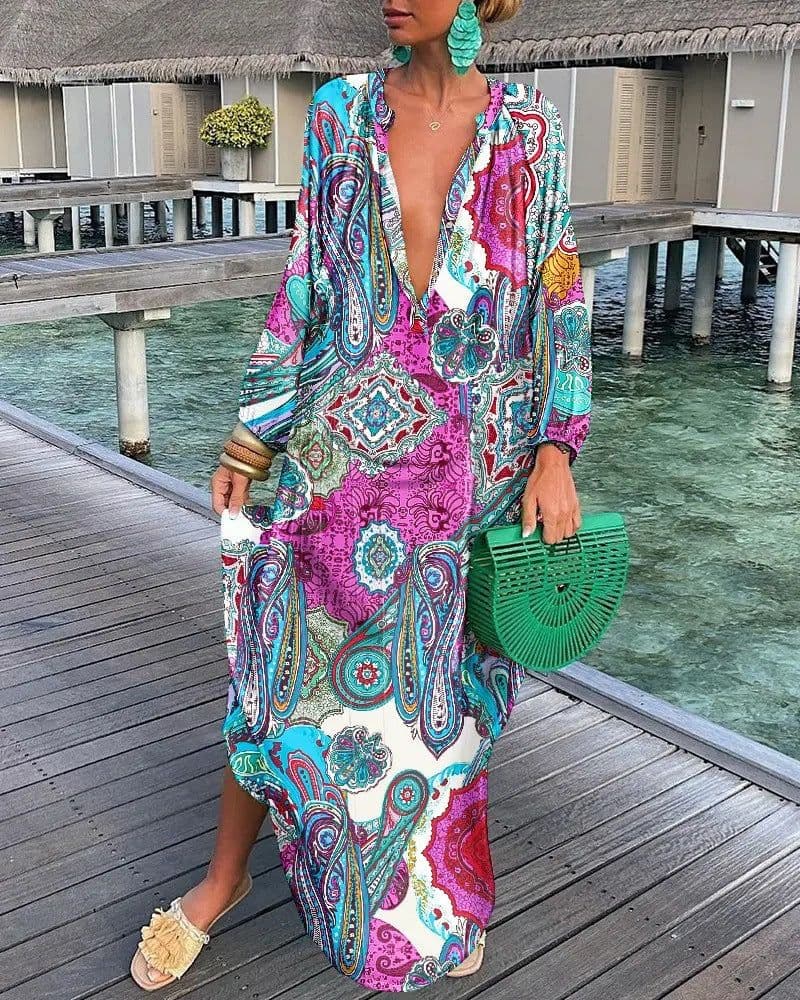 image-Autumn V-Neck Long-Sleeved Dress Women's XXL Polyester