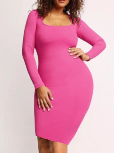 image-Women's U-Neck Wrap Dress - Pink Long Sleeve XXXL