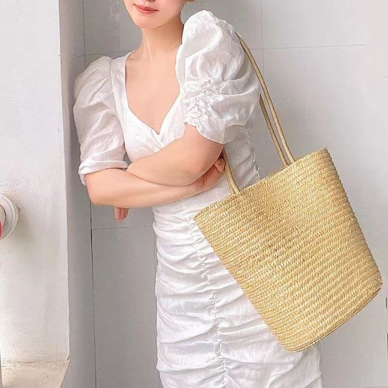 image-Straw Shoulder Bag Women - White Bucket Woven