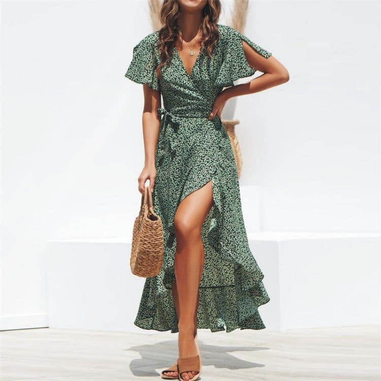 image-Chiffon Dress - Green V-Neck High Waist Petal Sleeve