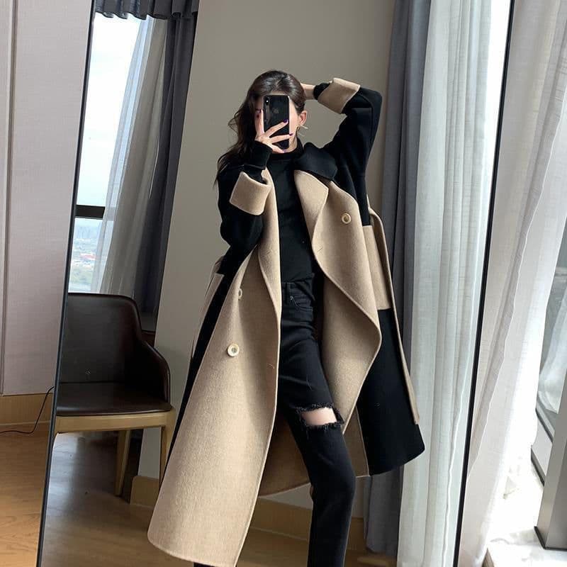 image-Women's Nizi Coat Mid-Length Black Korean Splicing Woolen Jacket, 4XL