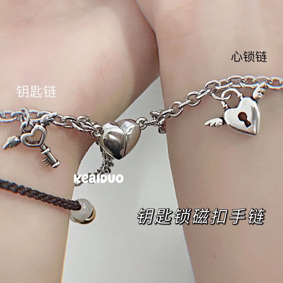 image-Simple Love Heart Bracelet Pair - Alloy Unisex Key Lock Jewelry