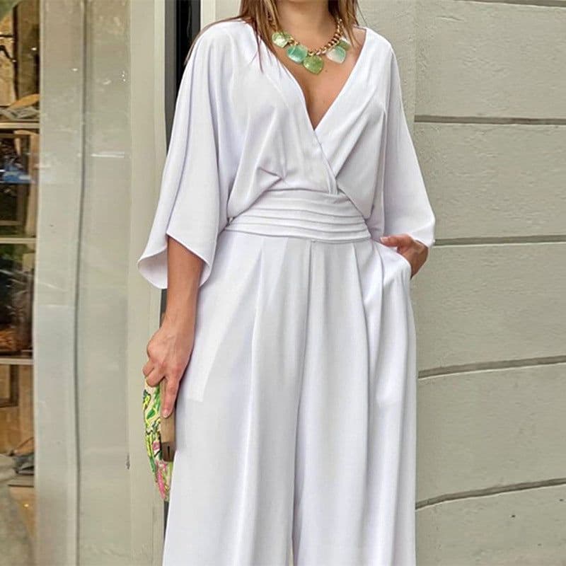 image-Women's V-Neck Jumpsuit - Loose Fit High Waist Polyester
