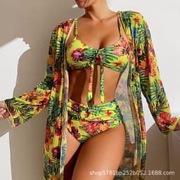 image-Women's 3-Piece Bikini Set - Green Long Sleeve Cover-Up