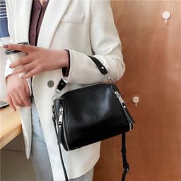 image-Women's Genuine Leather Bucket Bag - Black Soft Cowhide