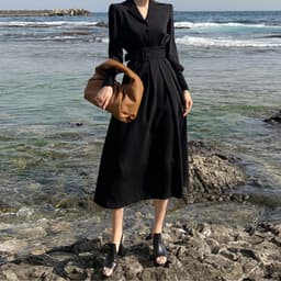 image-Women's High-Waisted Chic Autumn Dress with Belt, Black, L